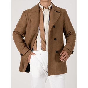 <b>Men's</b> Classic Notched Collar Double Breasted <b>Wool</b> Blend Pea Coat Bamboo Fiber Pea Coat Notched Collar <b>Overcoat</b> - Product Image 2