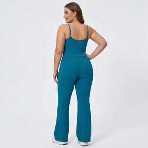 Women's Seamless Yoga <b>Set</b> <b>Square</b> Neck Spaghetti Strap High Waist Full Length Solid Teal Two Piece Activewear - Product Image 2
