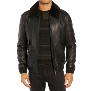 Veste Aviateur Homme en Cuir Véritable avec Col en Peau de Mouton, Style Pilote Bomber, Veste Décontractée avec Col en Fourrure - Product Image 1