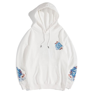 Sweat-shirt à capuche brodé d'inspiration orientale pour homme, motif bleu, streetwear personnalisé, en molleton de coton, haut de mode - Product Image 1