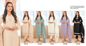 Nouveauté : Costumes pakistanais en pur coton cambric avec dupatta en chanderi brodé à la main, fermeture éclair sur 4 côtés, dentelle pour les filles, pour les fêtes et le bureau - Product Image 6