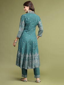 Nouveauté 2024 : Ensemble Kurta et Pantalon Palazzo pour Femme, Design de Haute Qualité, Bleu, Col en V, Coupe Trapèze, Brodé de Paillettes, en Viscose et Rayonne - Product Image 2