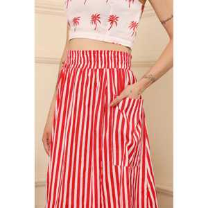 Red Striped Vintage Midi <b>Skirt</b> <b>Office</b> Lady Pencil Style XS Size 30cm Length 100% Cotton Material Slit Decoration Spring Autumn - Product Image 1