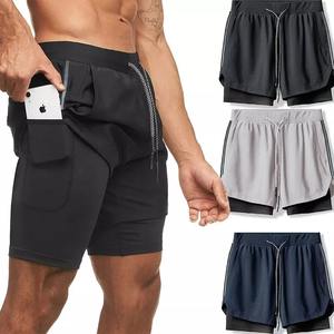 Hot Style Quick Drying <b>Zip</b> <b>Pocket</b> 2 in 1 Workout Men Training <b>Shorts</b> Compression Layer <b>Shorts</b> - Product Image 2