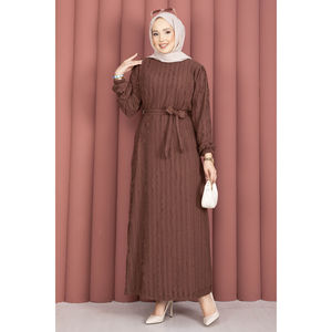 Zaranur Elegante Vestido Diario Modesto de Silueta Holgada Natural con Cinturón Desmontable Color Café, Liso, Lavable, Hasta la Rodilla, para Primavera, ODM - Product Image 3