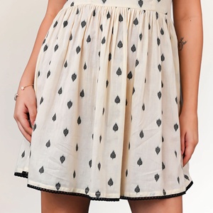 Women's Ivory 100% Cotton A-Line Slim Fit Casual Sleeveless Printed Mini Dress with Embroidery Breathable and Natural Waistline - Product Image 4