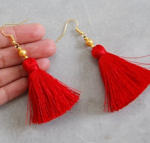 Silky <b>Red</b> Tassel <b>Earrings</b> Fringe Tassel <b>Earrings</b> - Gold - Long - Product Image 3