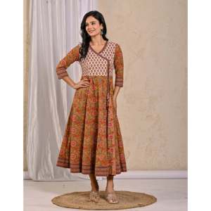 Vestido largo de algodón Angrakha con estampado de mostaza Jaipuri, Lehenga Choli indio con Saree y Salwar, ropa suave cosida. - Product Image 4