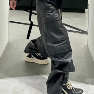 OEM Custom logo Leather Flared Pants Multi-pocket <b>Overalls</b> Unisex Trendy Loose Wide-leg Floor-length Trousers Flare Leather Pant - Product Image 2