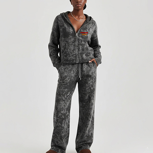 Hot Selling 100% Cotton Solid Embroidered Lace Wash Cropped Zipper Hoodie Flared Trousers Women's Hip Hop Style Custom 2 Piece - Product Image 1