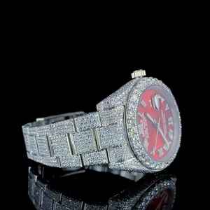 Lujoso reloj automático de diamante Moissanite helado, números romanos rojos personalizados, pantalla analógica de moda, cristal de cuarzo inoxidable - Product Image 1