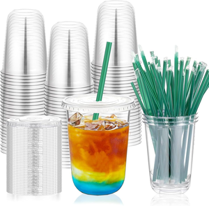 Gobelets en plastique jetables biodégradables et recyclables de 16 oz, avec couvercles modernes à fente pour paille, écologiques, anti-fuite, pour boissons froides, milkshakes - Product Image 1