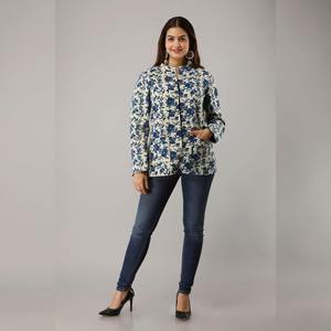 Light Blue Vintage Cotton <b>Quilted</b> <b>Jacket</b> for Summer Embroidered Lace Button Decor Waterproof Breathable Finished Knitted Fabric - Product Image 6