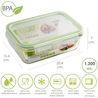 Recipiente Hermético de Cristal Rectangular 1200 ml. 20.4 x 15.4 x 7 (alto) cm.