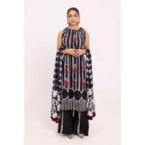 Ensemble de 3 pièces non cousues en tissu lawn pour femme, noir et blanc, qualité supérieure - Product Image 4