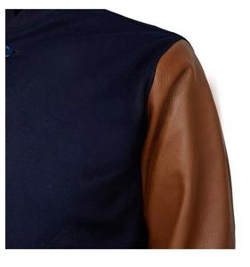 Chaqueta universitaria Letterman azul satinado 2026 para deportes universitarios, de lana y cuero genuino, con cuello alto, para invierno, estilo béisbol, con mangas bomber - Product Image 3