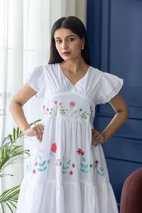 Attractive 100% Cotton Boho Long Embroidered Maxi Dress Trendy Ukrainian <b>White</b> V- Neck <b>Ladies</b> Short Sleeve Dress - Product Image 2