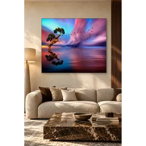 ภาพพิมพ์บนผ้าใบต้นไม้สีชมพูฟิดาและสีฟ้าท้องฟ้าสะท้อนลงในทะเลสาบ - Product Image 1