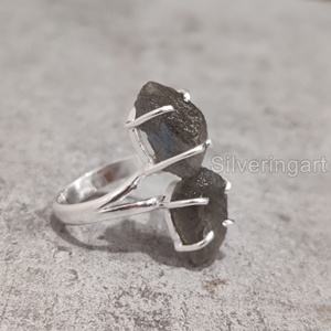 Joyería de piedra cruda Anillo de mujer Natural áspero ajustable Labradorita Piedra preciosa Piedra natal Piedra doble Anillo de plata esterlina 925 - Product Image 1
