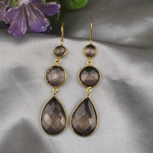 Boucles d'oreilles pendantes en laiton plaqué or avec quartz fumé 10.75g - Product Image 6