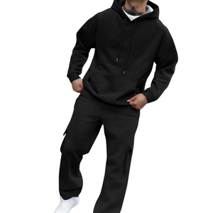 Conjunto de Dos Piezas de Sudadera con Capucha Negra Lisa y Pantalones Deportivos Cargo para Hombre, Felpa, Logotipo Personalizado, Ropa Urbana Informal, Moda al por Mayor - Product Image 3