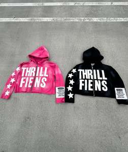 Logotipo personalizado Lavado ácido Zip Up Boxy Cropped Hoodie Hombres Sun Faded rhinestone Sudadera con capucha bordada desgastada - Product Image 6