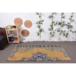 พรมตุรกีขนาด 3.3x6.4 ฟุต, พรมวินเทจลายตกแต่ง, พรมขนสัตว์สีเบจ-น้ำเงินลายนามธรรม - Product Image 2