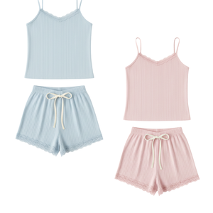 Conjunto de Camisola y Pantalones Cortos de Punto Acanalado para Mujer, 100% Algodón, Elegante, Informal, para Dormir - Product Image 1