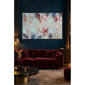 ใบไม้สีชมพูและสีฟ้าของฟิดาบนพื้นหลังสีพาสเทลพิมพ์บนผ้าใบ - Product Image 2