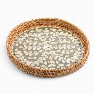Bandeja Redonda Decorativa de Ratán con Incrustaciones de Nácar, Venta al por Mayor para Hoteles, Restaurantes y Servicios de Catering - Product Image 1