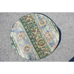 Alfombra Vintage de 2.2x2.2 pies, Alfombra Turca, Alfombra de Lana con Rayas Azules - Product Image 4