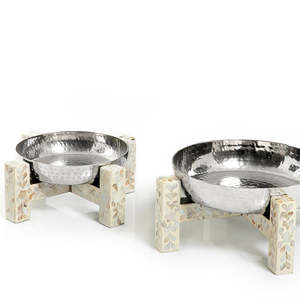 Wholesale Metal Hammered Serving Bowl with Mother of Pearl Design Elegant Stand for Decorative Serving Trays - Product Image 2
