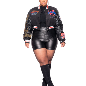 Veste universitaire tendance grande taille avec des patchs brodés colorés, design noir élégant, coupe douce, parfaite pour le streetwear sportif chic - Product Image 3