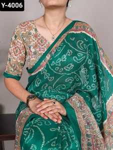 Les plus belles femmes de mariage et de festival portent des collections de saris en soie verte avec des pièces de chemisier imprimées Madhubani pour saree - Product Image 6
