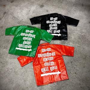 Verano personalizado impreso logotipo desgastado bordado chaquetas manga corta cremallera Faux Pu chaqueta de cuero hombres - Product Image 2