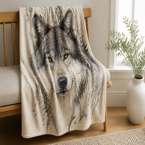 Custom Printed <b>Throw</b> Blanket Personalized Grey Wolf Portrait Gift Sublimation Flannel Fleece Polyester - Product Image 1