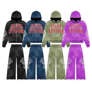 Haute qualité à la mode survêtements hommes brodé Patch pleine fermeture éclair survêtement lavage à l'acide avec sérigraphie pierres survêtement - Product Image 4