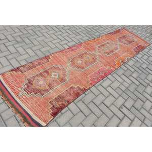 Tapis Kilim Rouge Orange 2.8X10.8 pieds Tapis en laine turque à tissage plat Tapis de salon ou de couloir de grande surface pour adolescents - Product Image 2