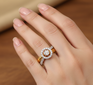 Anillo Cruzado de Oro de Dos Tonos de Lujo con Halo Redondo, Anillo de Compromiso para Mujer - Product Image 2