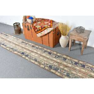 Alfombra Vintage, Alfombra Turca de 1.9x10.2 pies, Alfombra de Lana con Estampado Animal Azul - Product Image 3