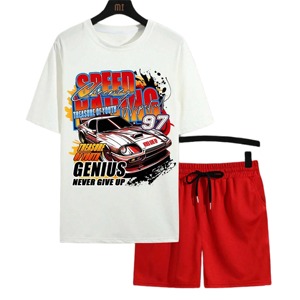 T-shirt grande taille imprimé DTG graphique de haute qualité de couleur contrastée avec short T-shirt et short en coton épais à épaules tombantes - Product Image 1