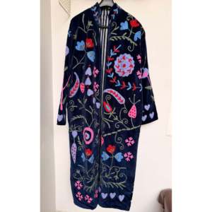 Blue Velvet Embroidered Long <b>Jacket</b> for Ladies <b>Quilted</b> Outerwear Floral <b>Pattern</b> Customizable Logo Sizes XL 5XL for Autumn Season - Product Image 2