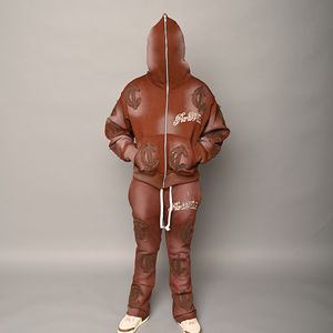 Ensemble survêtement deux pièces pour homme personnalisé OEM, lourd, avec broderie délavée, pantalon de survêtement et sweat à capuche avec strass délavé à l'acide - Product Image 1