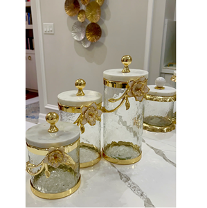 Luxury Golden Flower Brass & <b>Glass</b> Round Canister for Home Kitchen Household Storage Jars Tea and Coffee <b>Container</b> - Product Image 2