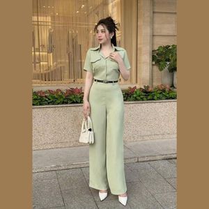 Chic femmes bureau décontracté Ensemble à manches courtes haut pantalons longs motif solide élégant tricot tissu Spandex bon prix - Product Image 2