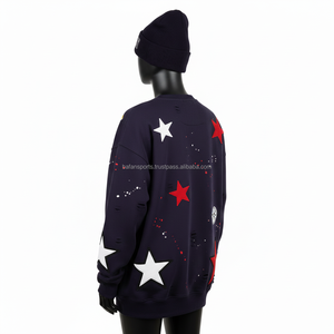 Sudadera Extra Grande para Mujer, Tejido de Felpa, Azul Marino con Diseños de Estrellas y Patchwork, Bordado con Logotipo Personalizado, Sudaderas Transpirables para Mujer - Product Image 5