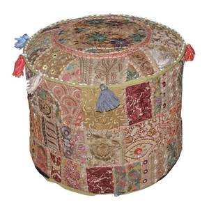 Traditional Bohemian Embroidered Foot <b>Stool</b> Vintage Patchwork Ottoman 18 X 13 Inches Fabric Bamboo for Living Decorative Use - Product Image 6