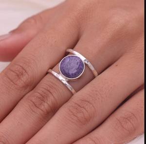 Offre Spéciale bague Double bande pour femme faite à la main véritable Charoite pierre précieuse solide 925 en argent Sterling lunette réglage classique pour les fêtes - Product Image 2