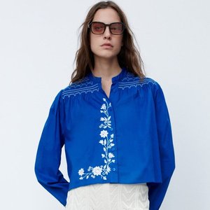 Top de fiesta Formal de talla grande de satén azul real para mujer con mangas largas bordado Diseño de ordenador vestido informal para mujeres niñas - Product Image 1