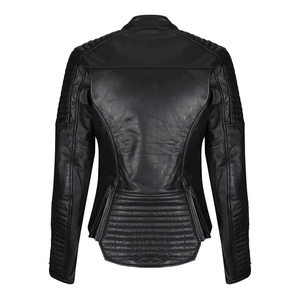 Chaqueta de moto de cuero genuino para mujer, todo negro, CE, protecciones blindadas, chaqueta de moto de carreras para mujer - Product Image 2